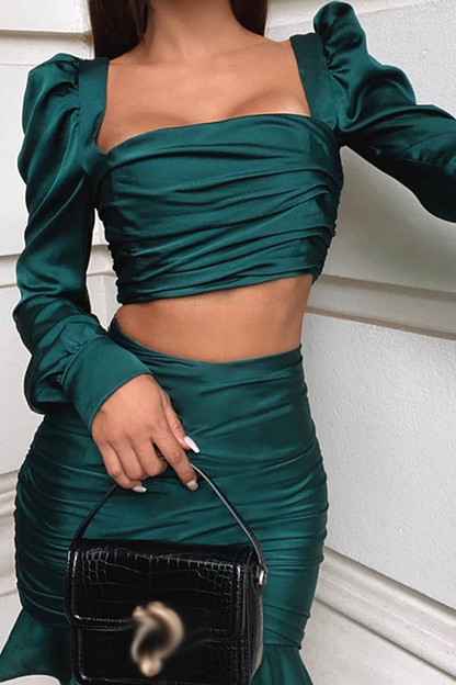 Conjunto de dos piezas sexy de manga larga con cuello cuadrado y volantes lisos