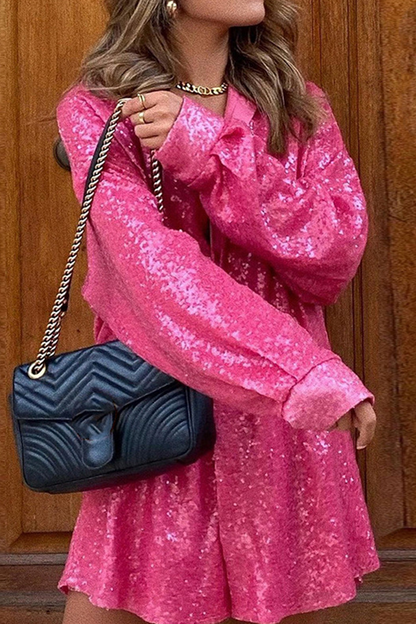 Vestido camisero informal con lentejuelas lisas (2 colores)