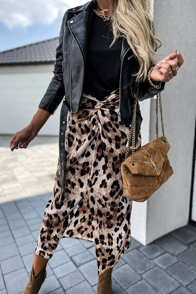 Pantalones casuales de leopardo con abertura, cintura media, rectos y estampado completo