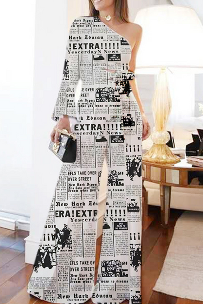 Fashion Print Patchwork One Shoulder Three Quarter Two Pieces