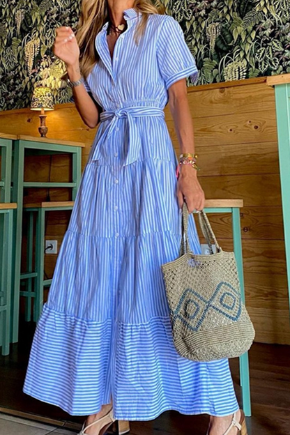 Vestidos casuales con falda pastel y cuello vuelto de patchwork a rayas