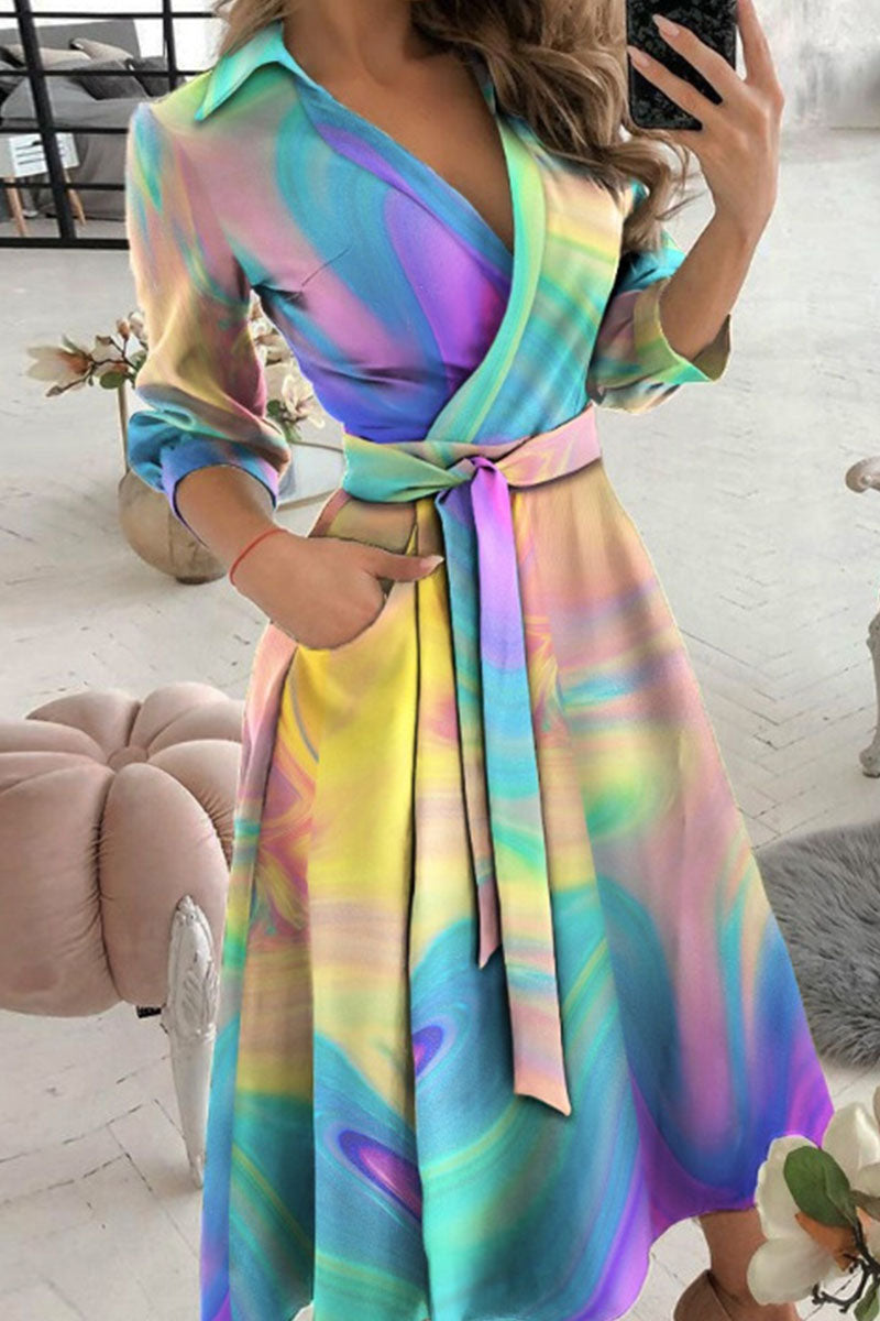 Vestidos casuales con cuello en V, estampados, patchwork y vendaje (6 colores)