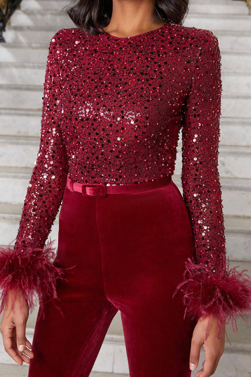 Monos rectos de cuello redondo con plumas y abalorios de retazos lisos y sexys de moda
