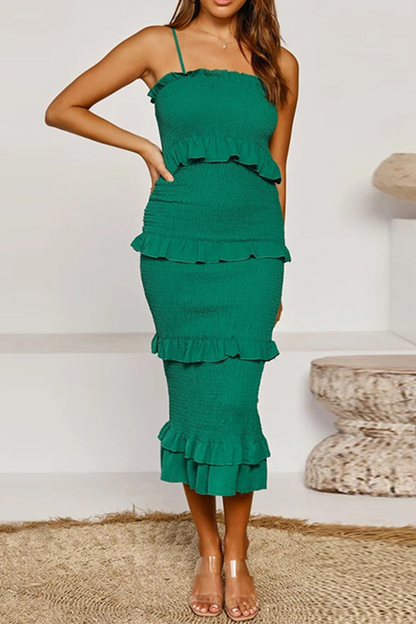Fashion Solid Patchwork Flounce Spaghetti Strap Straight Dresses