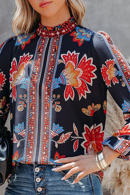 Tops casuales de cuello alto con abertura y estampado de rayas