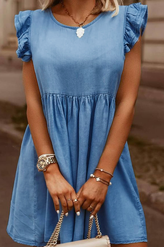 Casual Solid Flounce O Neck Sleeveless Straight Denim Dresses(4 Colors)
