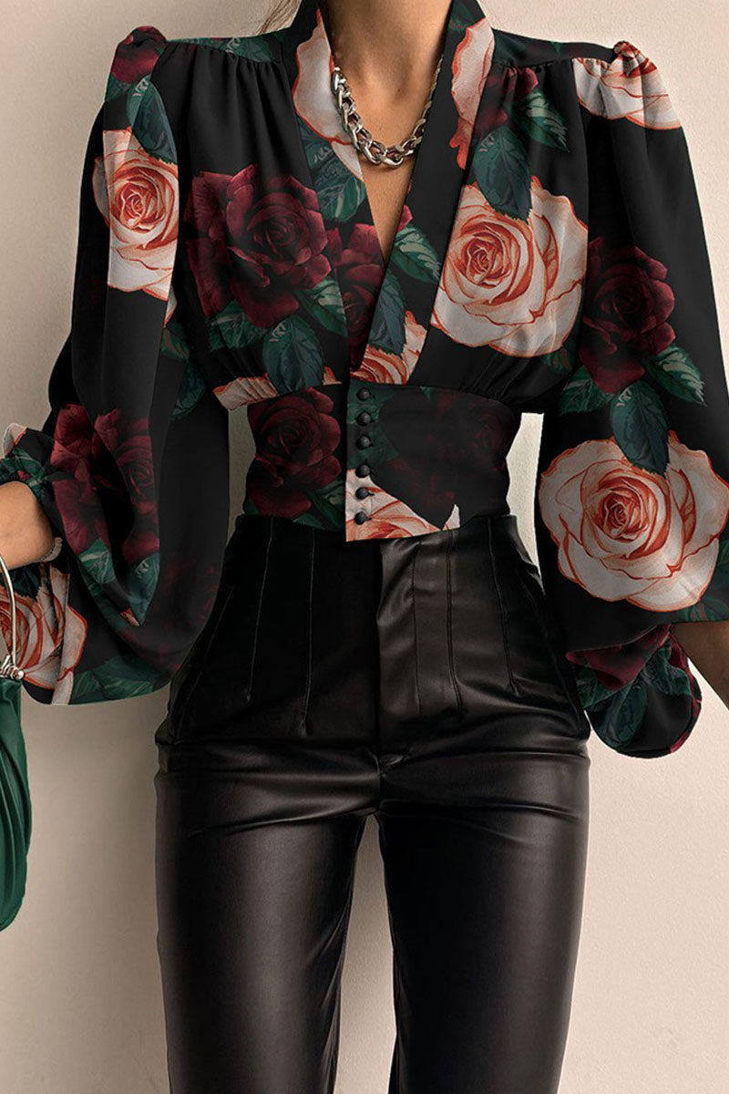 Tops casuales con cuello en V y patchwork con estampado