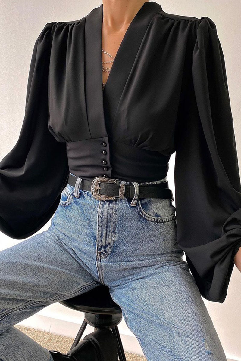 Tops casuales con cuello en V y patchwork con estampado