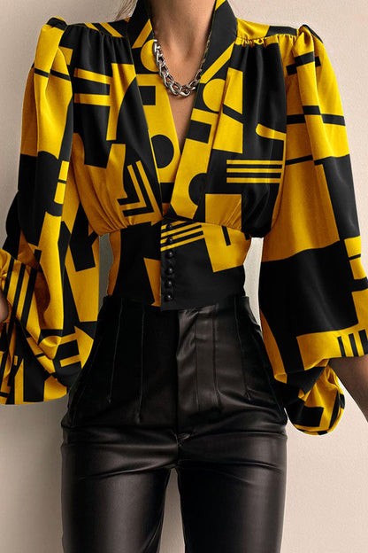 Tops casuales con cuello en V y patchwork con estampado