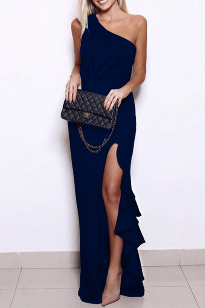 Elegante vestido de noche de un solo hombro con abertura y volantes (8 colores)