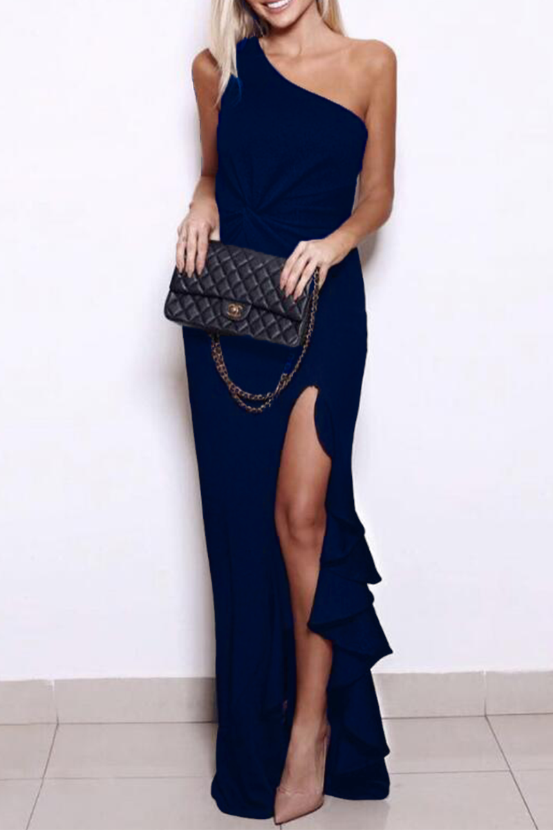 Elegante vestido de noche de un solo hombro con abertura y volantes (8 colores)
