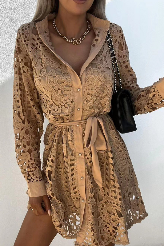 Vestidos casuales de encaje liso con cuello vuelto y falda a la cintura (3 colores)