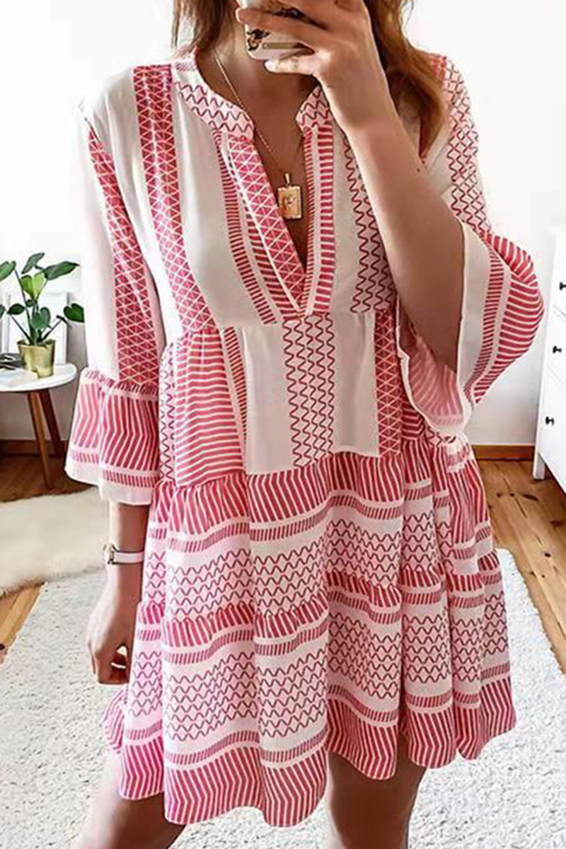 Casual Print Patchwork V Neck Cake Skirt Dresses(4 Colors)