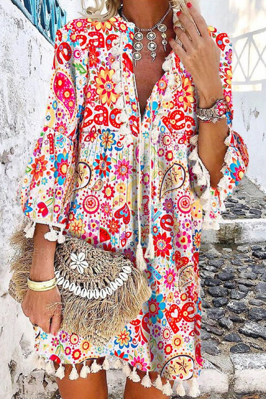 Vestidos casuales con estampado de borlas y escote en V (3 colores)