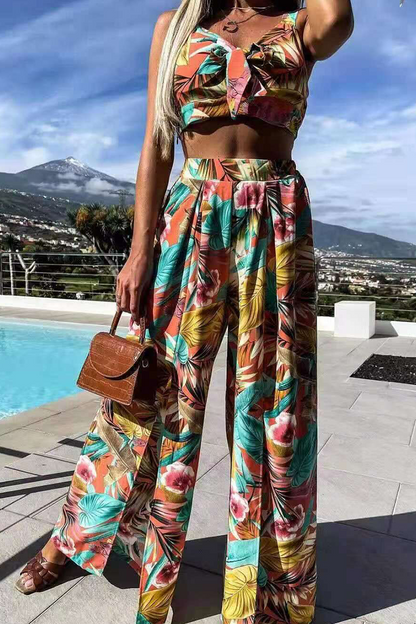 Conjunto informal de dos piezas con cuello en V, sin mangas y estampado de patchwork (3 colores)
