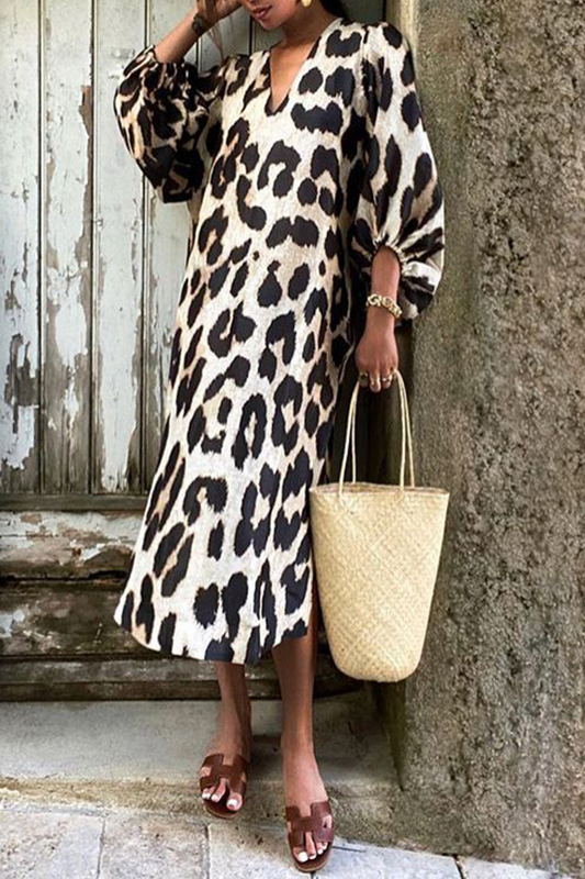 Vestidos rectos casuales con cuello en V y patchwork de leopardo