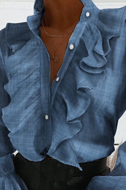 Blusa elegante con cuello mandarín, volantes y hebilla sólida (4 colores)