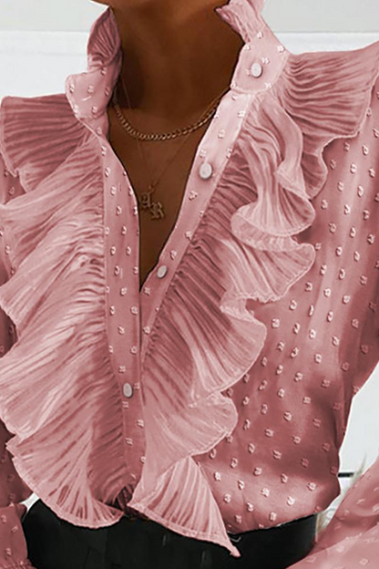 Blusas elegantes con cuello mandarín, volantes y hebilla sólida (4 colores)