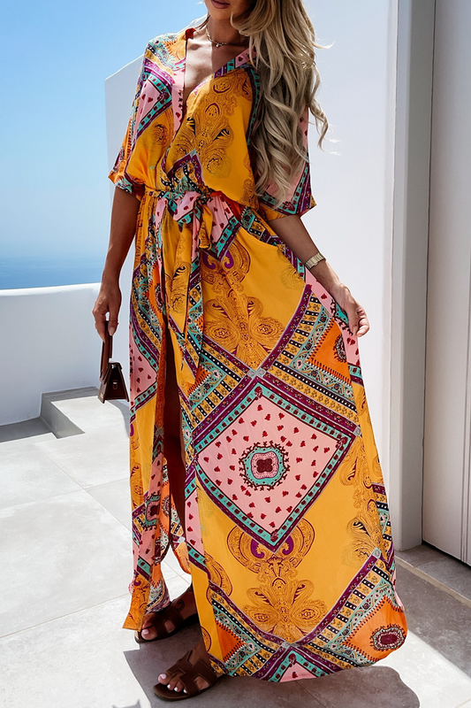 Vestido informal con cuello en V, estampado de patchwork e irregular