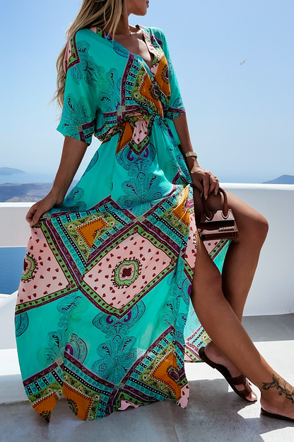 Vestido informal con cuello en V, estampado de patchwork e irregular