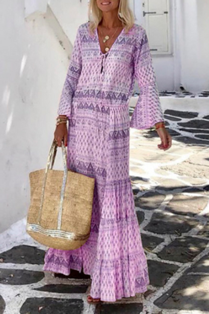 Vestidos casuales con estampado de patchwork, cuello en V y falda pastel