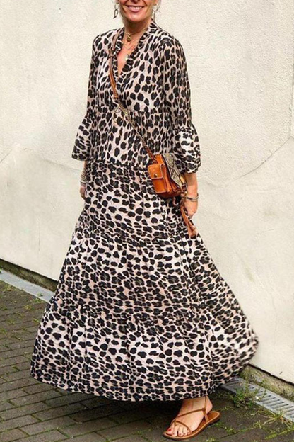 Vestidos casuales con falda pastel y cuello en V y patchwork de leopardo (4 colores)