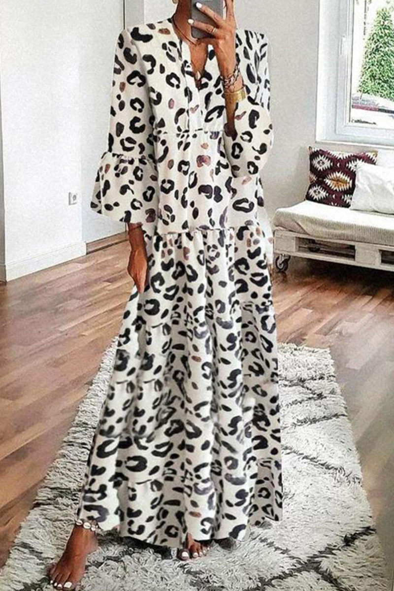 Vestidos casuales con falda pastel y cuello en V y patchwork de leopardo (4 colores)