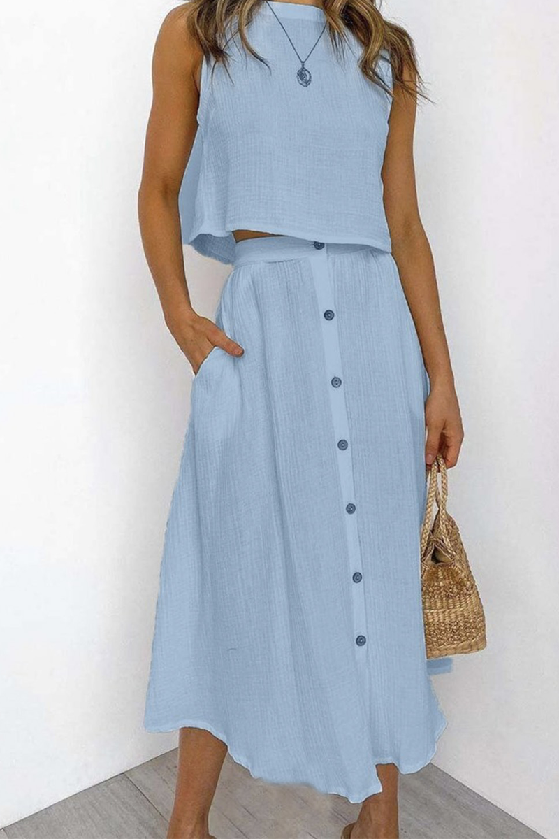 Conjunto informal de dos piezas, liso, dividido, con cuello redondo, sin mangas (5 colores)