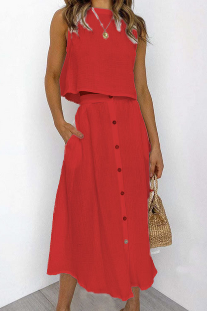 Conjunto informal de dos piezas, liso, dividido, con cuello redondo, sin mangas (5 colores)