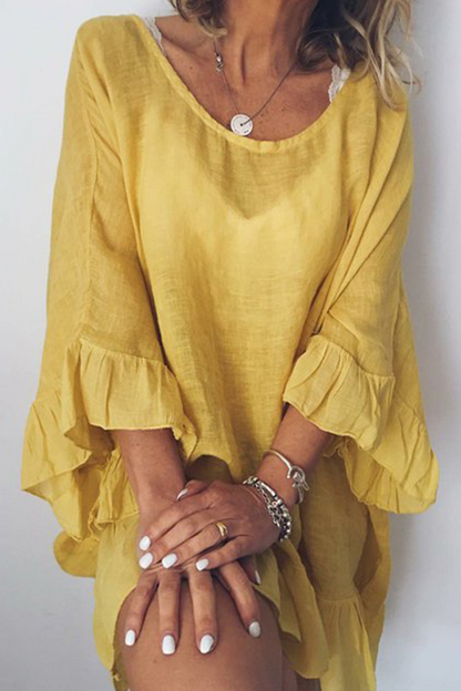 Vestidos casuales lisos con volantes y cuello redondo (4 colores)