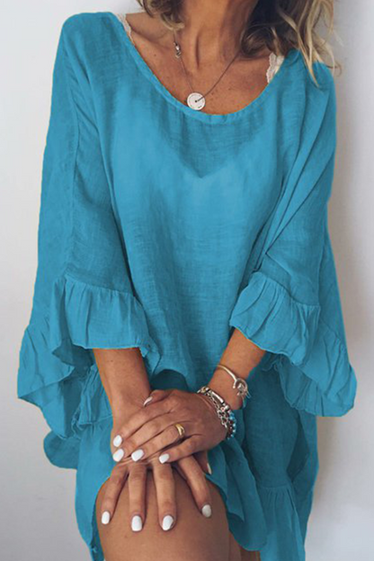 Vestidos casuales lisos con volantes y cuello redondo (4 colores)