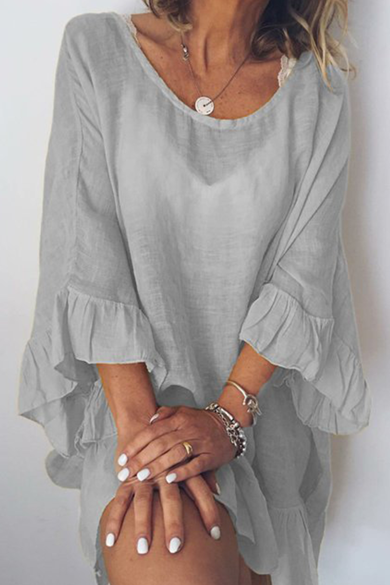 Vestidos casuales lisos con volantes y cuello redondo (4 colores)