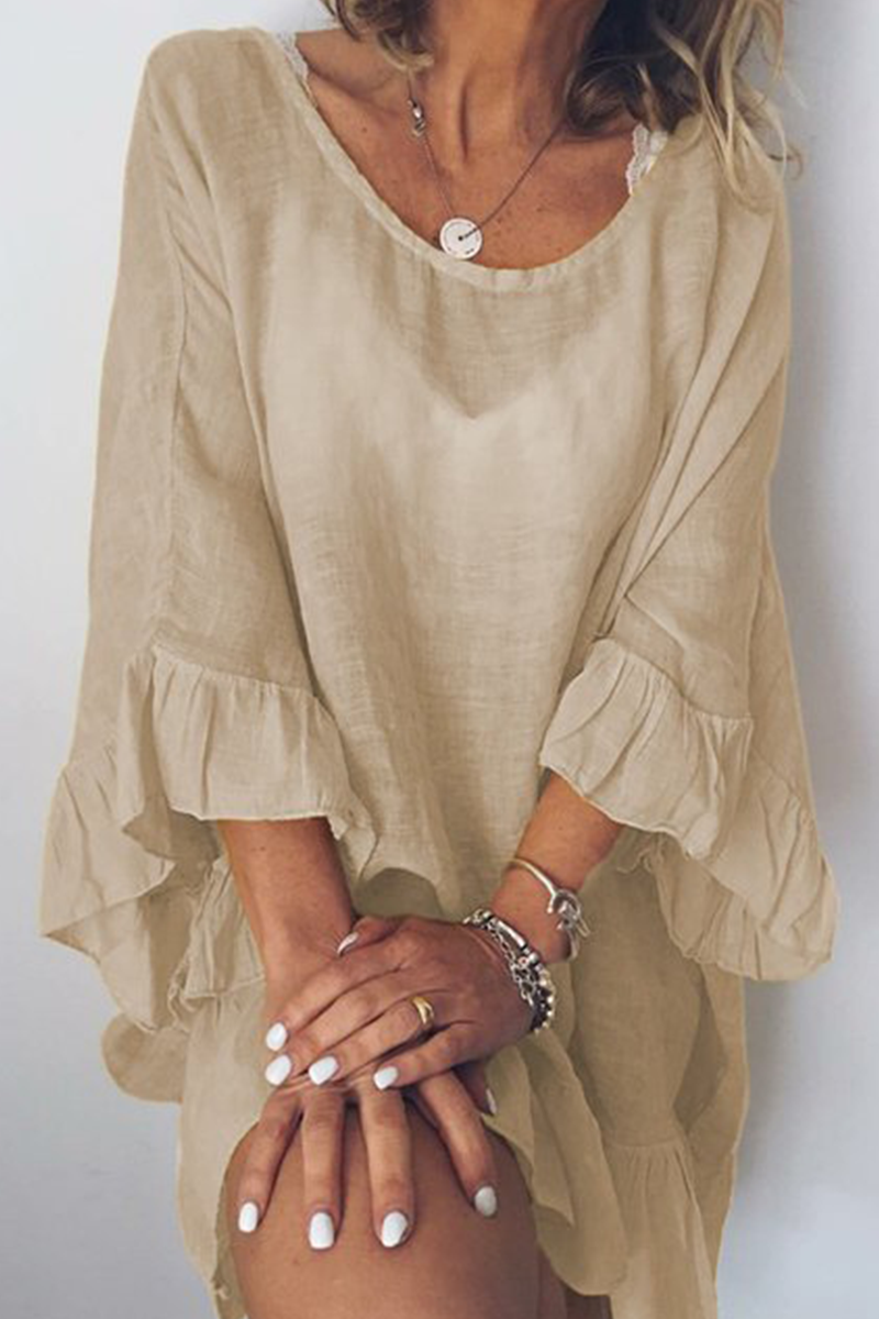 Vestidos casuales lisos con volantes y cuello redondo (4 colores)