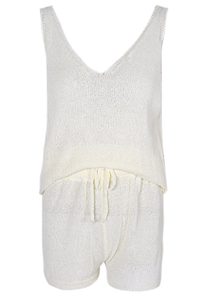 Conjunto informal de dos piezas con cuello en V, sin mangas y parches sólidos (5 colores)