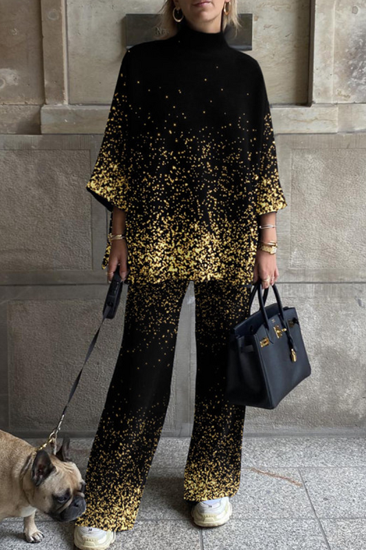 Conjunto de dos piezas de cuello alto, tres cuartos y abertura con estampado informal