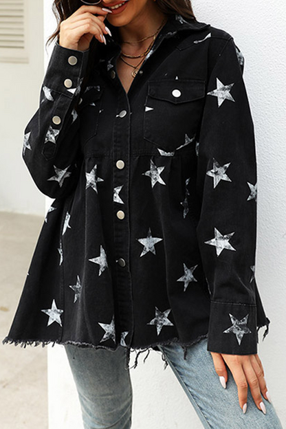 Chaqueta vaquera informal de manga larga con cuello vuelto, hebilla y borlas de estrellas