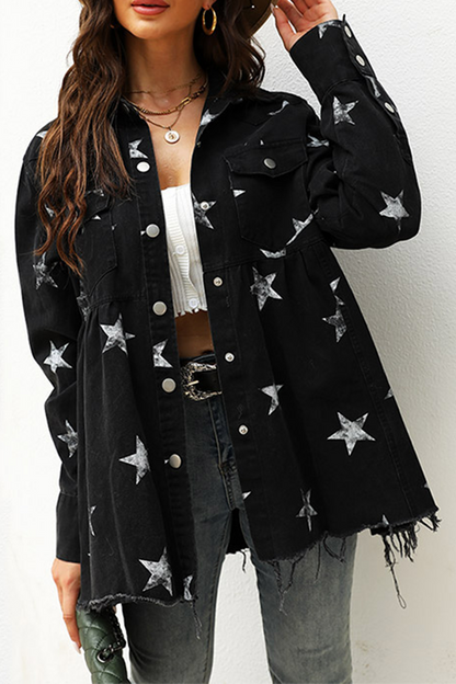 Chaqueta vaquera informal de manga larga con cuello vuelto, hebilla y borlas de estrellas