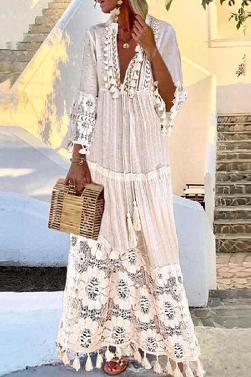 Vestido informal de malla con cuello en V y encaje de patchwork (4 colores)