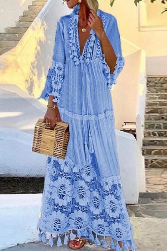 Vestido informal de malla con cuello en V y encaje de patchwork (4 colores)