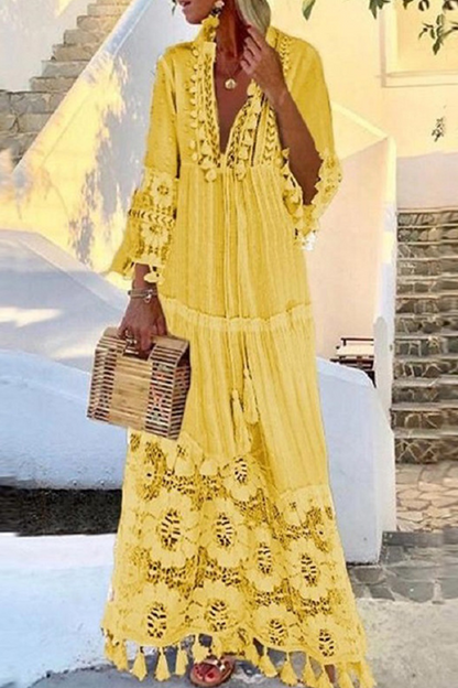 Vestido informal de malla con cuello en V y encaje de patchwork (4 colores)