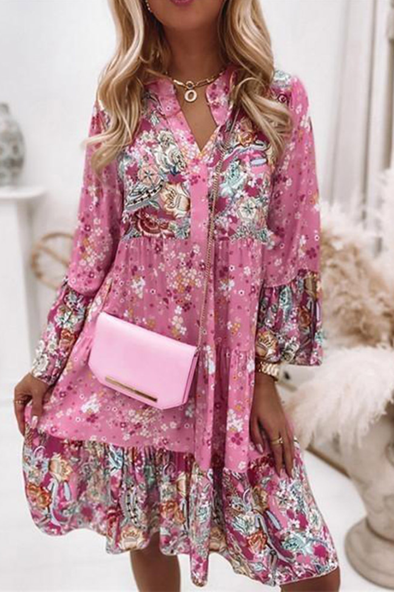 Vestidos casuales con estampado de patchwork y cuello en V con falda pastel (3 colores)