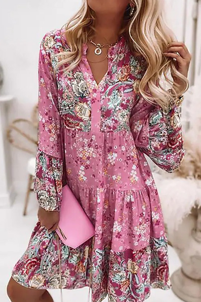 Vestidos casuales con estampado de patchwork y cuello en V con falda pastel (3 colores)