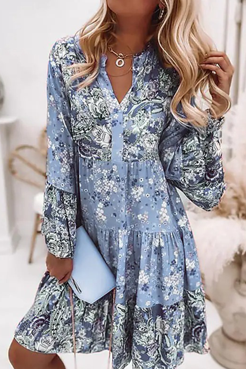 Vestidos casuales con estampado de patchwork y cuello en V con falda pastel (3 colores)
