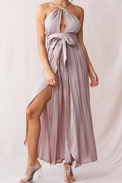 Vestido sexy de corte irregular con cuello halter y abertura alta