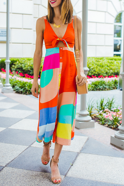 Vestidos casuales con estampado de patchwork, cuello en V y falda pastel