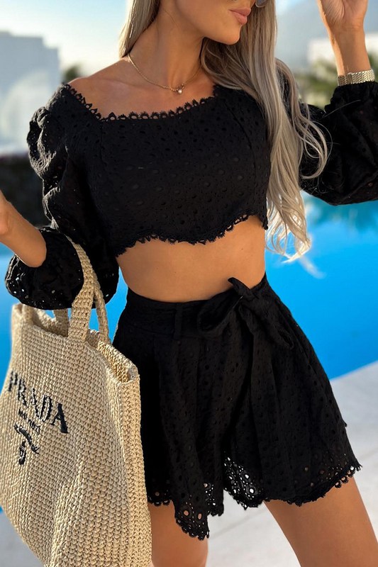 Conjunto informal de dos piezas con cuello cuadrado, manga larga y estampado liso