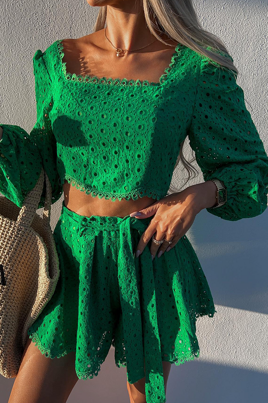 Conjunto informal de dos piezas con cuello cuadrado, manga larga y estampado liso