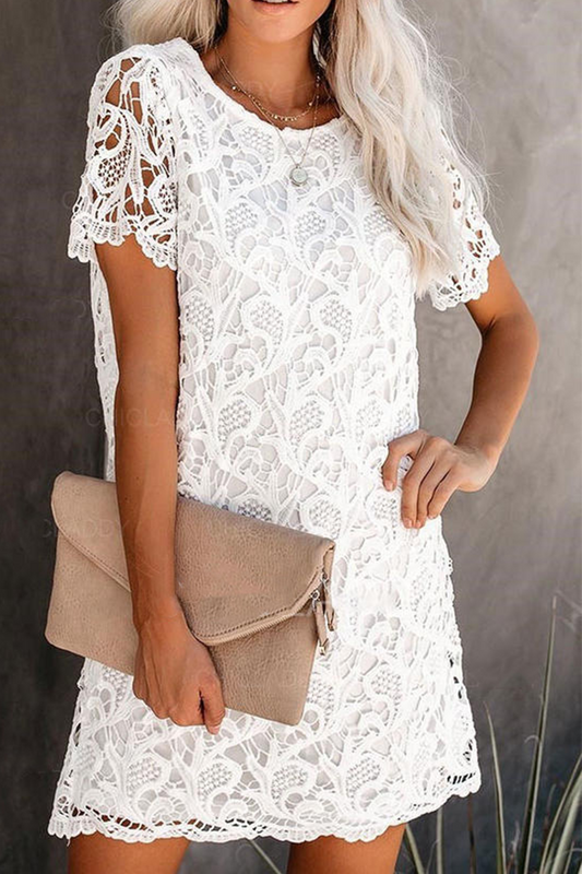 Vestidos casuales rectos de cuello redondo con encaje sólido
