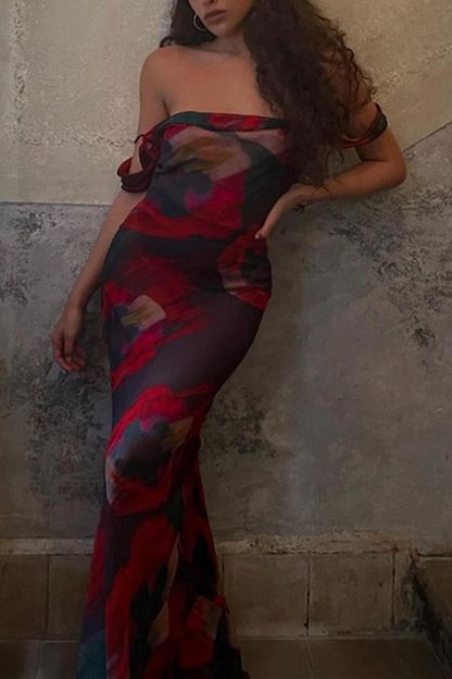 Vestidos de sirena trompeta con tirantes finos y estampado de patchwork a la moda