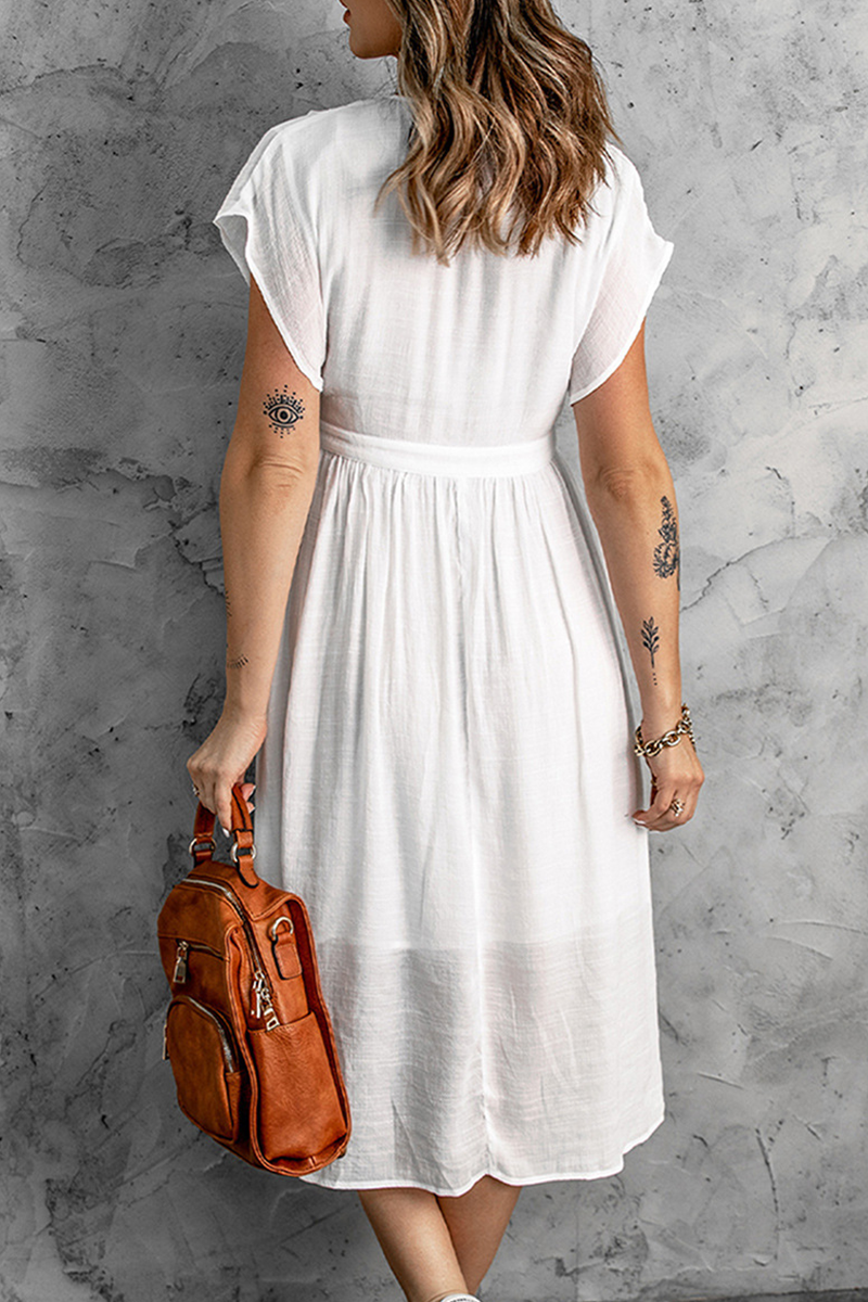 Vestidos casuales con falda y escote en V y hebilla sólida (7 colores)